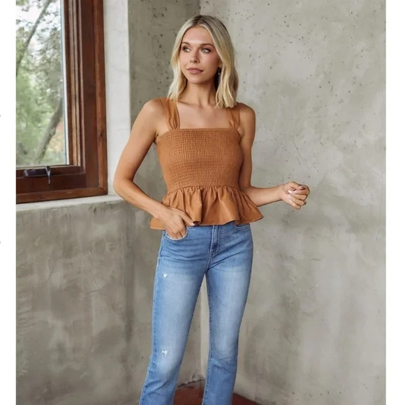 fab'rik Tops Marcy Faux Leather Smocked Peplum Tank Top Blouse